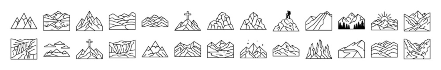 Naklejka premium Set of mountain and landscape outline icons including peaks, valleys, rivers, hiking, and scenic views in minimalistic style on transparent background