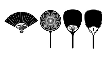 A collection of four unique black and white illustrations showcasing various styles of hand-held fans, highlighting intricate designs and diverse shapes for graphic art and decorative purposes © Viadalla