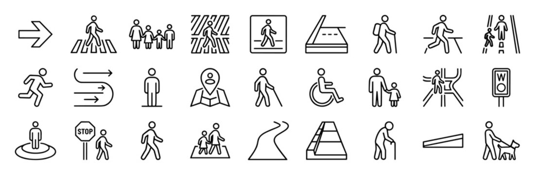 Set of pedestrian and walking icons including crosswalk, family walking, disabled person, walking cane, dog walking, directional arrows and stop signs on transparent background