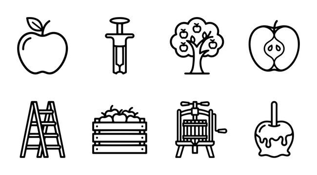Apple Harvest Icons: Fruit, Tree, Cider Press, Candy Apple, Ladder, Crate, Vector Set