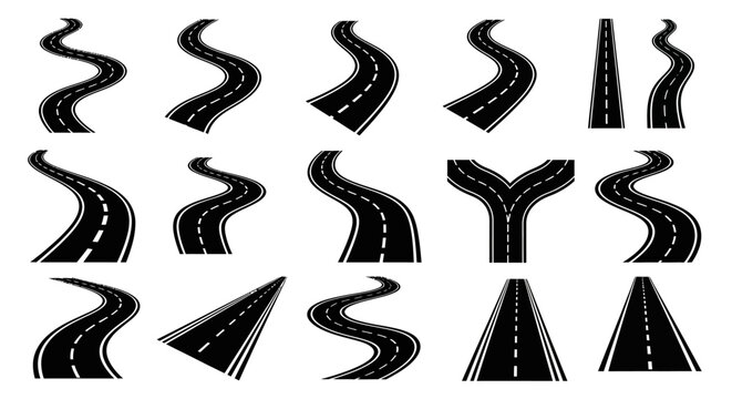 Illustrative assortment of winding and straight asphalt roads, representing diverse navigation paths, journey concepts, and progress in graphic design vector art