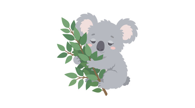 Cute Koala Holding Green Eucalyptus Leaves.