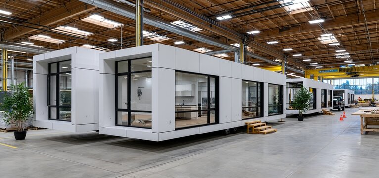 Inside a spacious industrial warehouse, a modern prefab tiny house with minimalist design and smooth finishes is assembled.