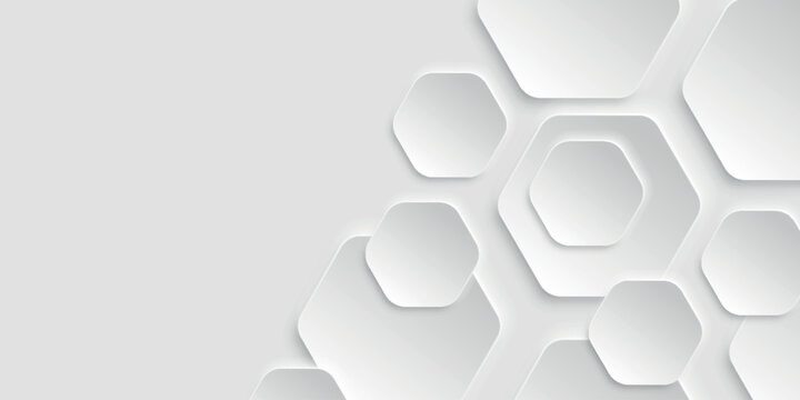 White abstract background with modern overlapping hexagons. Geometric design with modern light and shadow effects. Minimalist and elegant vector concept with empty space for text. VOL. 4