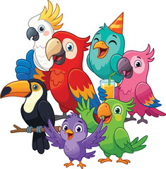 Cute cartoon tropical birds group vector illustration with colorful exotic parrot toucan cockatoo and parakeet celebrating party isolated on white background © MdSaddam