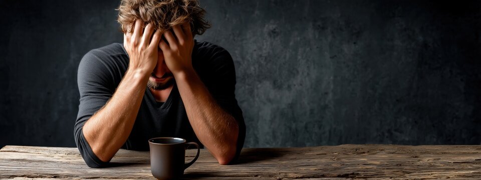 Un homme en proie &agrave; une profonde r&eacute;flexion ou &agrave; une grande d&eacute;tresse ou tristesse, les mains sur le visage, assis &agrave; une table en bois rustique avec une tasse, mur gris en arri&egrave;re-plan.