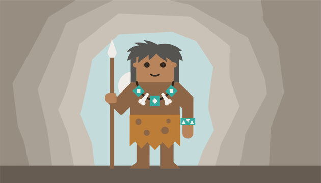 Prehistoric caveman holding a wooden spear stands inside a gray stone cave entrance wearing a spotted loincloth and necklace.