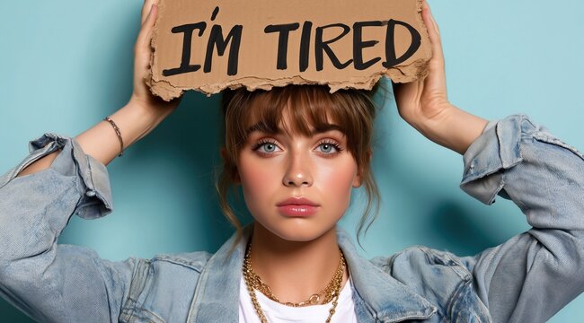 Une jeune femme &agrave; l'expression neutre, tenant une pancarte en carton d&eacute;chir&eacute; au-dessus de sa t&ecirc;te portant l'inscription "I'm tired", arri&egrave;re-plan bleu clair uni.