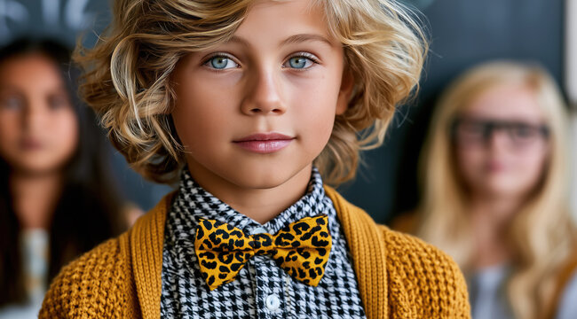 Portrait d'un jeune gar&ccedil;on aux cheveux blond clair ondul&eacute;s et aux yeux bleu clair, expression neutre sur le visage, arri&egrave;re-plan flou laissant entrevoir deux jeunes filles.