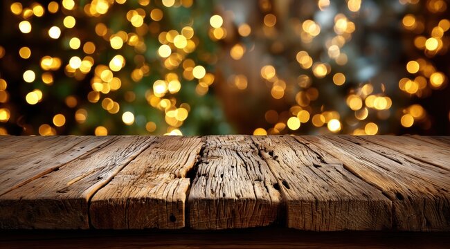 Une table en bois rustique avec fissures apparentes, arri&egrave;re-plan pr&eacute;sentant une sc&egrave;ne floue, parsem&eacute;e de lumi&egrave;res dor&eacute;es et chaleureuses caract&eacute;ristiques des guirlandes de sapin de No&euml;l.