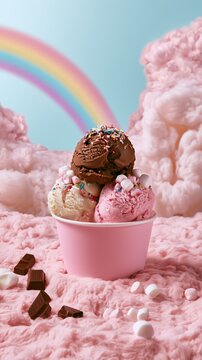 Trois boules de glace au chocolat, vanille et fraise dans un gobelet  rose, agr&eacute;ment&eacute; de vermicelles en sucre et de morceaux de guimauve, arri&egrave;re-plan esth&eacute;tique et f&eacute;erique avec nuages et arc-en-ciel