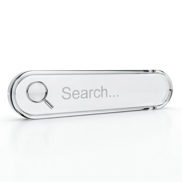 Glass search bar UI element with magnifying glass icon magnifying magnifier interface internet transparency technology reflective software isolated background component navigation