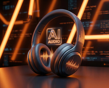 Digital headphones with AI-powered background icons.