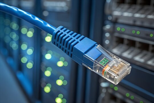 Ethernet Cable Server Rack Connection, Blue Network Cable Data Center, RJ45 Plug Gigabit Switch Closeup, IT Infrastructure Networking Hardware, Server Room Fiber Optic Cable