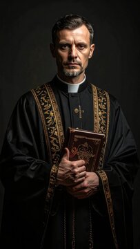 Religious Cleric In Ornate Vestments Holding Sacred Book.