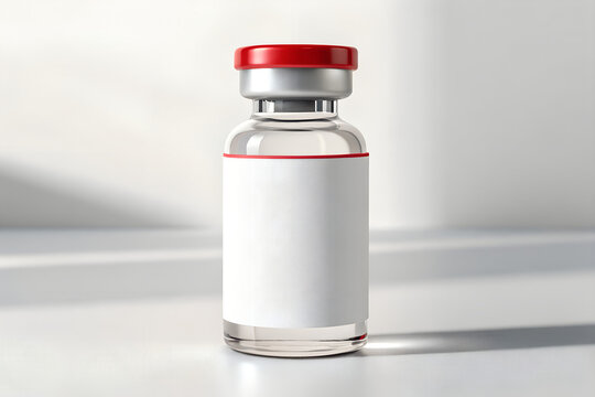 Vaccine Vial Red Cap Medicine Bottle, Empty Glass Injection Vial Pharmaceutical, Sterile Medical Ampoule Blank Label, Hospital Drug Vial Closeup, Pharmacy Serum Injection Bottle