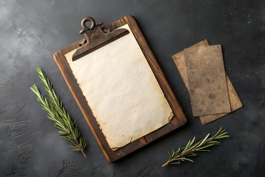 Vintage Clipboard Still Life, Rustic Wooden Clipboard, Old Paper Board, Herbal Recipe Clipboard, Antique Writing Board