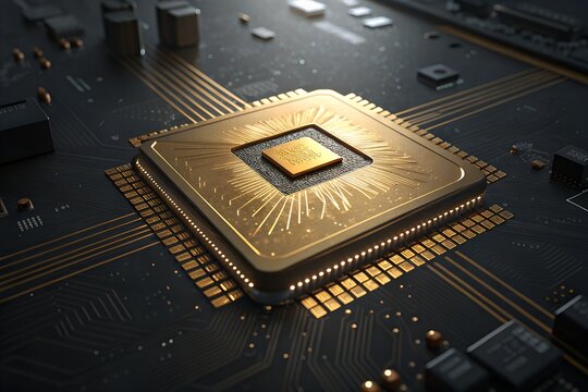 Golden CPU Processor, Luxury Computer Chip, High Tech CPU, Golden Circuit Board, Futuristic Processor
