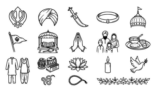 Hand Drawn Sikhism Religion and Culture Line Art Vector Icons with Traditional Symbols Collection