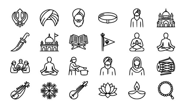 Modern Sikh Culture and Religion Outline Icons Vector Collection with Spiritual and Traditional Symbols