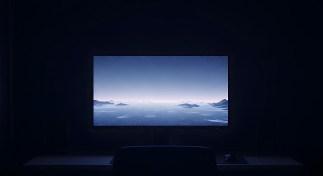 Glowing screen displays serene ocean landscape with islands under starry night sky