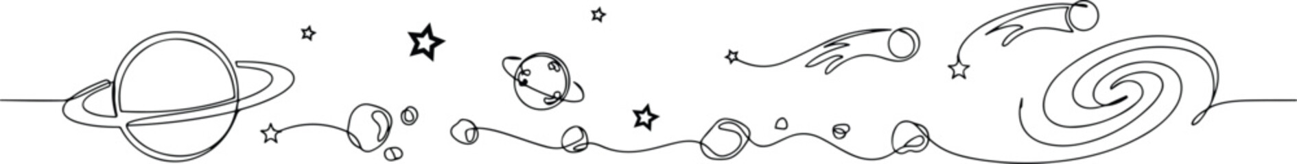 One continuous line drawing of Planets, stars, asteroids, and comets in outer space. Galaxy concept, one line art icon drawing © MDROBIUL