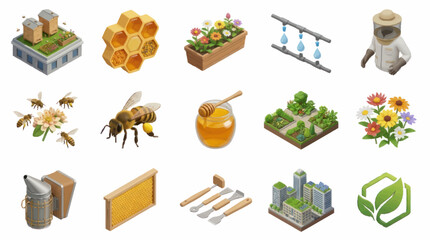 Isometric Beekeeping and Agriculture Icon Set. © Barakatul