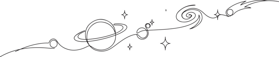 One continuous line drawing of Planets, stars, asteroids, and comets in outer space. Galaxy concept, one line art icon drawing © MDROBIUL