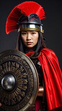 Portrait of a valiant Legionary: woman warrior in authentic Roman armor posing with shield