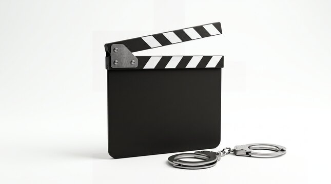 Movie Clapperboard with Handcuffs Isolated on White Background