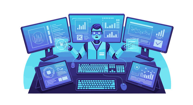 Man working at multiple computer screens displaying data and charts.