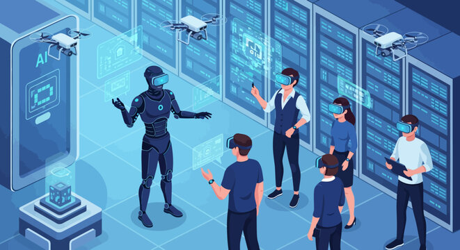People wearing VR headsets interacting with AI and drones in a futuristic data center.