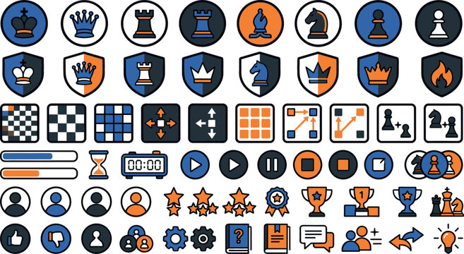 Chess game app user interface vector icon set featuring flat gaming elements shields boards timer trophies ranking stars isolated on white