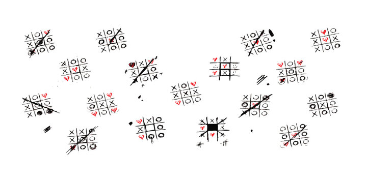 Set of hand drawn tic tac toe game boards with crosses and circles on a plain surface