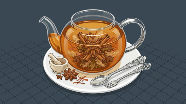 Aromatic herbal tea in a glass teapot vector illustration, showcasing star anise, cinnamon, saffron, and traditional serving elements for a cozy beverage