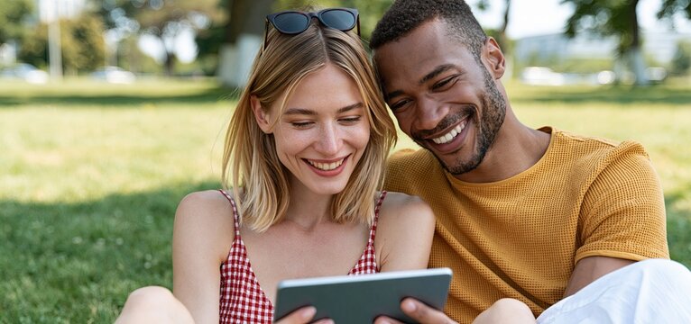 A cheerful couple connects over a tablet in a bright park, showcasing togetherness amid vivid surroundings.