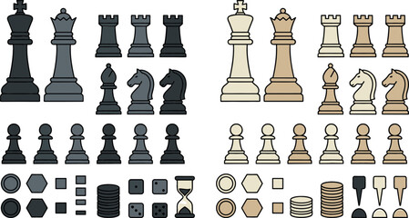 Complete chess piece vector illustration set featuring black and white king queen rook bishop knight pawn dice hourglass and token board game icons on white © MdShakib