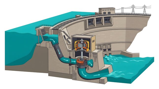 Hydroelectric Dam Cross Section &mdash; Teal Grey Detailed Turbine Bold Flat Vector