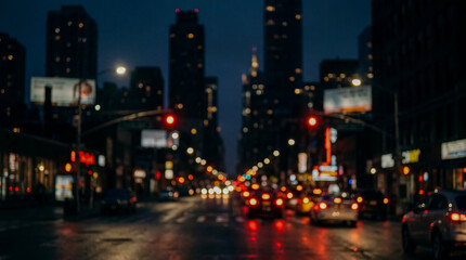 Fototapeta premium Blurred urban street with glowing traffic lights creating a cinematic night background.