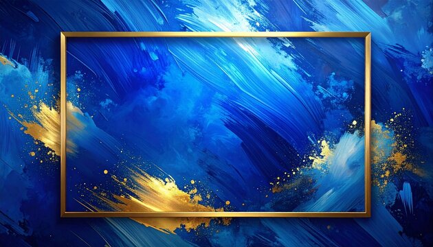 Premium abstract background with rich cobalt blue brush strokes and metallic gold frame