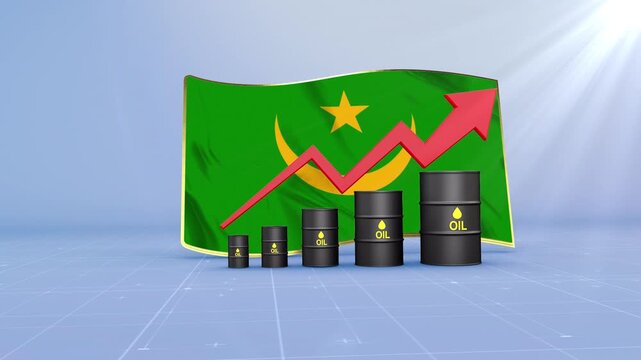 Mauritania Oil Price Rising with Oil Barrels Upward Red Arrow and 3D Financial Data Visualization Graphs for Economy and Business Concept