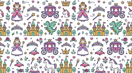 Cute fairytale princess seamless pattern vector background featuring fairy castles royal carriages unicorns dragons crowns magic wands and swans on white background © MdShakib