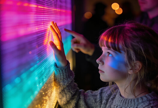 Curious little girl touching a vibrant interactive light wall at a modern technology exhibit