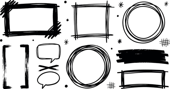 Hand drawn black marker sketch frame and border vector element set with grunge rectangles circle highlights brackets and speech bubbles isolated on white background