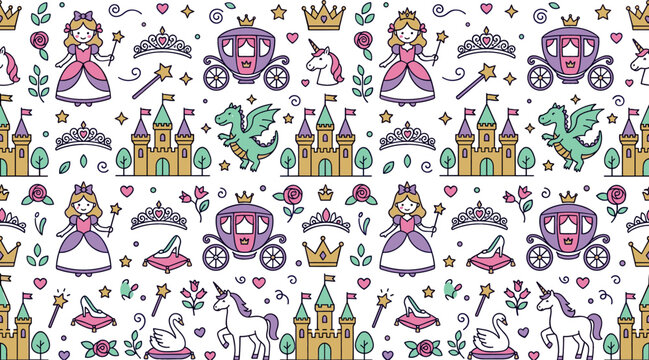 Cute fairytale princess seamless pattern vector background featuring fairy castles royal carriages unicorns dragons crowns magic wands and swans on white background