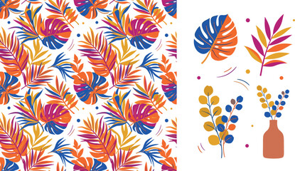 Naklejka premium Colorful tropical palm leaves seamless pattern and vector element set with monstera leaf botanical branches and vase isolated on white background