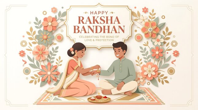 Happy raksha bandhan creative paper art design with siblings and floral elements for celebration.