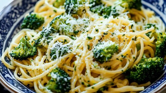 Spaghetti topped with broccoli florets and grated cheese in a patterned bowl