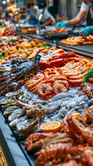 Obraz premium AI generator images of Premium seafood market with fresh shrimp, lobster, oysters, squid, crab and shellfish displayed on sparkling ice, seafood sellers preparing orders, clean modern market
