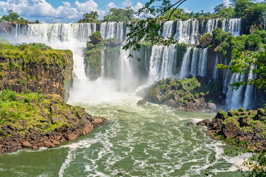 Scenic view of a large waterfall in the tropical rainforest of Brazil